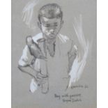 Ted Harrison (b.1926). Boy with a parrot, pen drawing with highlight, signed and dated (19)60, label