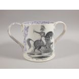 A mid 19thC Staffordshire frog mug, printed to one side with an image of The Duke of Wellington