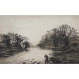 After Fred Slocombe (1847-1920). A river scene with a fisherman playing a fish, a signed etching,