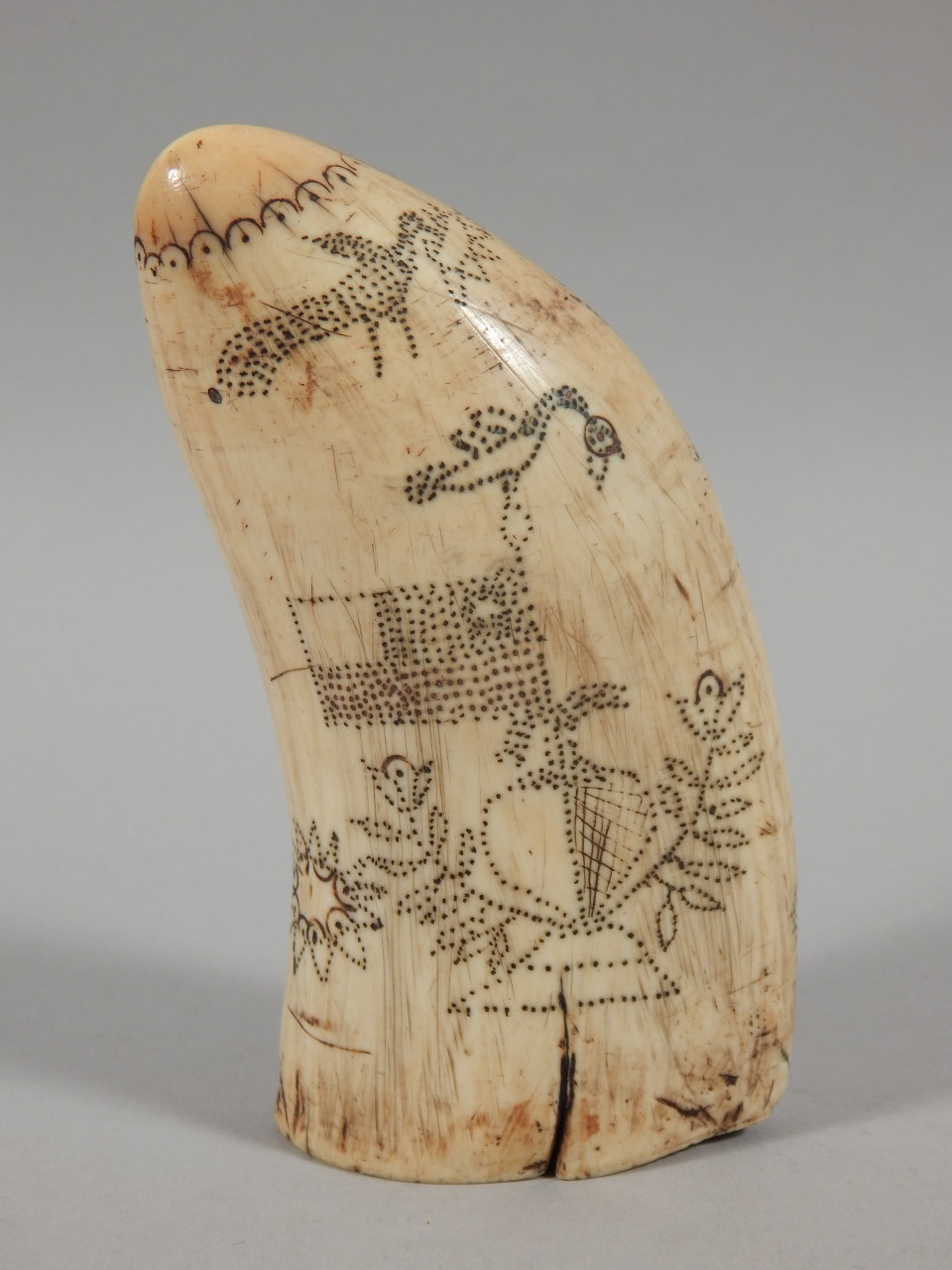 A 19thC scrimshaw, with punched decoration in the form of a tree, birds, and a flag bearing the - Image 2 of 3