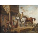 19thC Continental School. Tavern scene with officers on horseback, oil on canvas, 23.5cm x 31.5cm