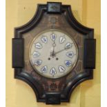 A 19thC Continental ebonised and inlaid wall clock, the alabaster dial inset with enamel Roman