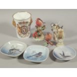 Decorative ceramics, to include three bird figures, Royal Worcester, Goebel and Royal Adderley,