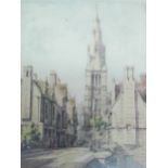 A coloured print of Stamford, indistinctly signed by the artist, 13cm x 10cm