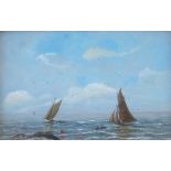 19thC British School. Sailing boats off the coast, oil on board, pair, indistinctly initialled, 14.