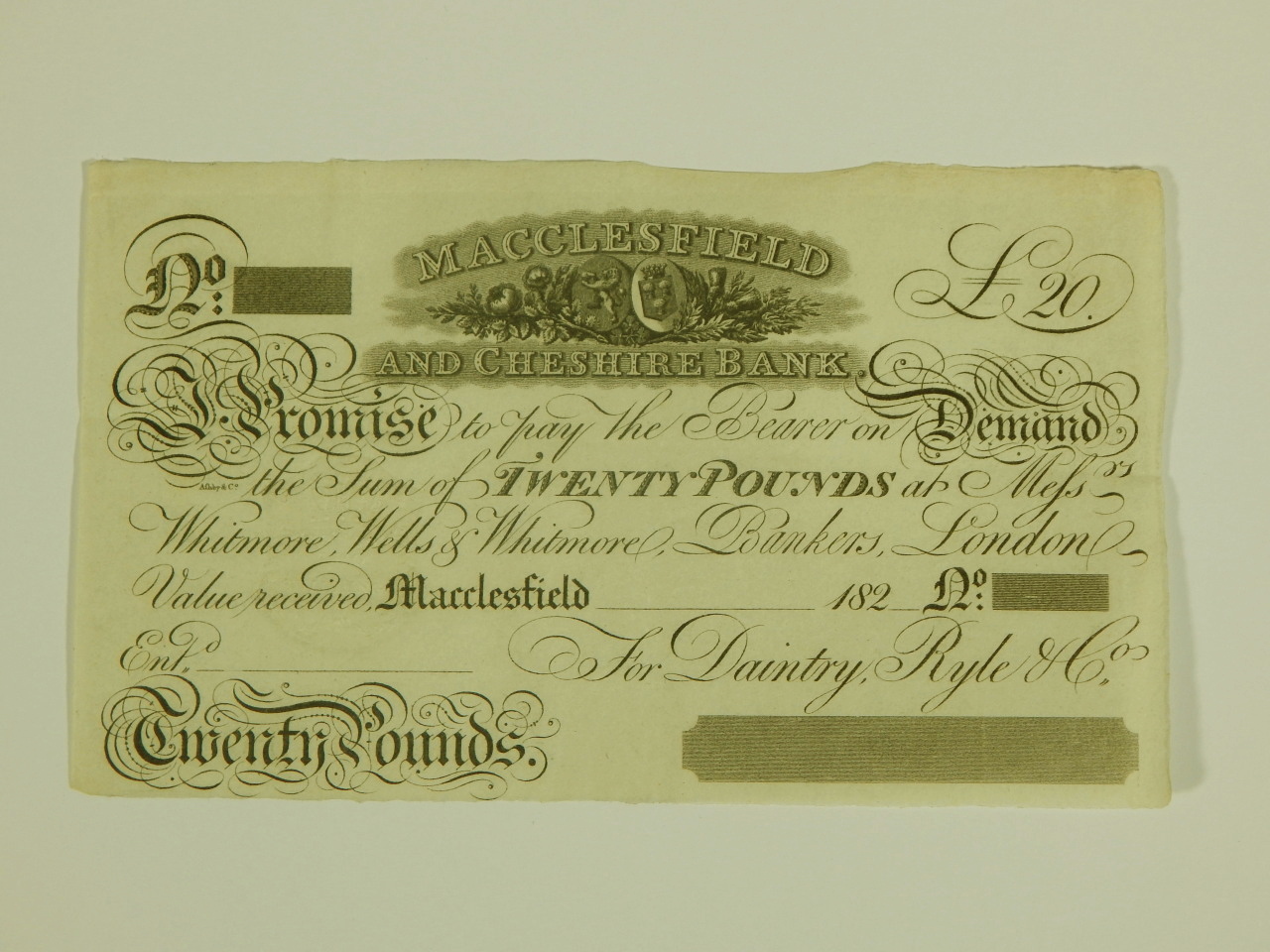 A Macclesfield and Cheshire Bank £20 note, undated and unsigned