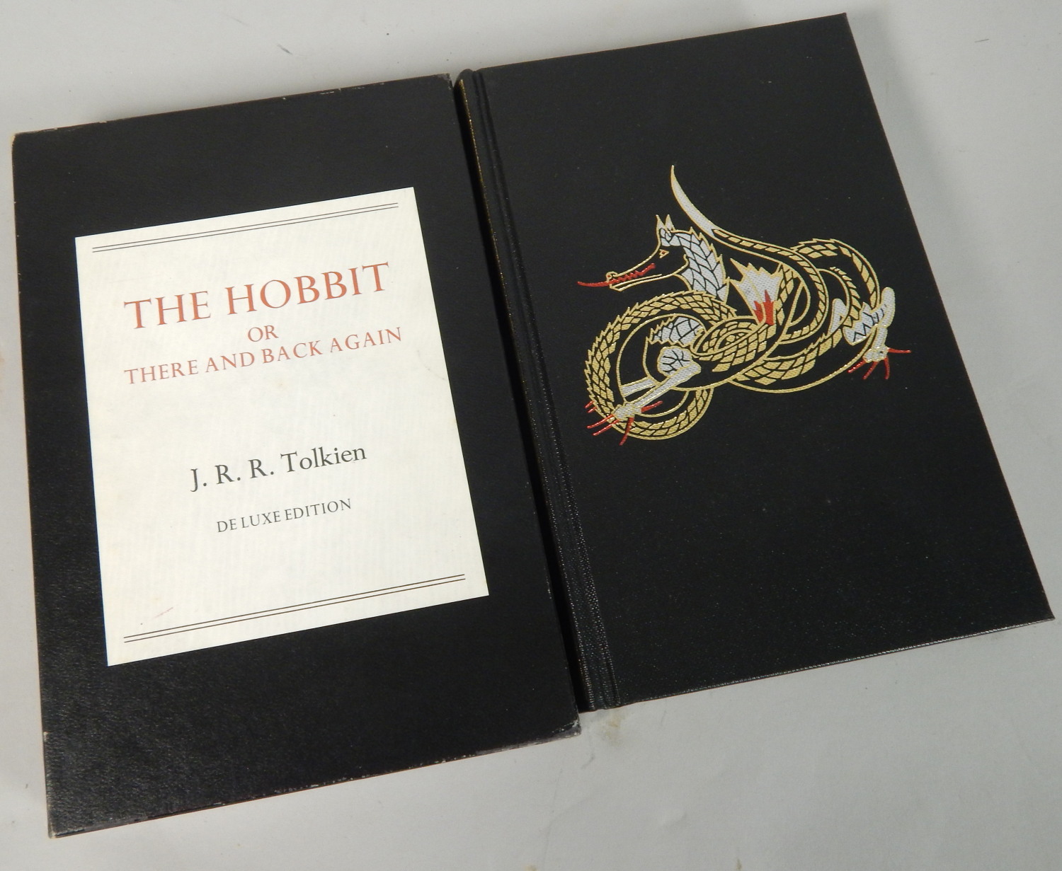A deluxe edition of JRR Tolkien's The Hobbit, by George Allen and Unwin, in presentation box.