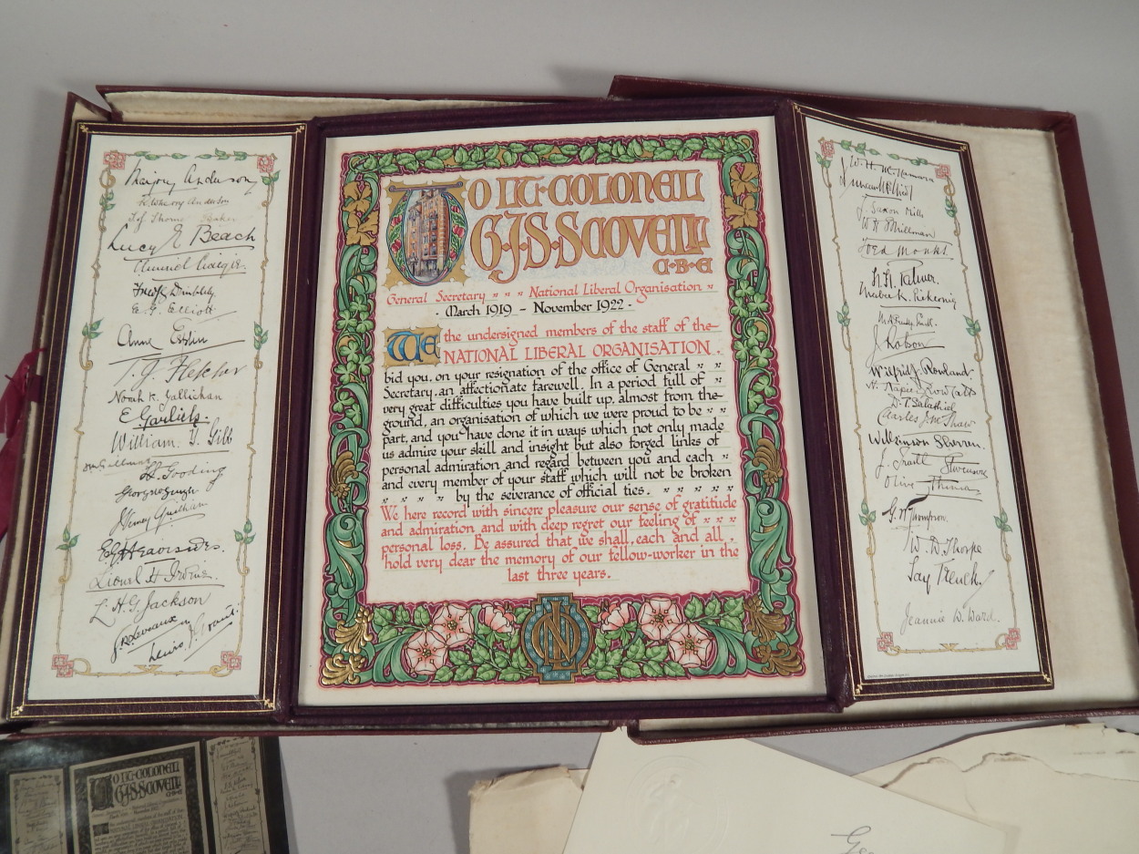 A citation embellished in gilt, awarded to a Lieutenant Colonel G J S Scovell CBE, General Secretary - Image 2 of 4