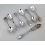 A set of six George V silver teaspoons, and a butter knife, 15cm high, by C T Maine Ltd, Old English