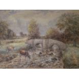 H Bickley (19thC). Cattle watering in a stream before bridge and house and another, ducks before