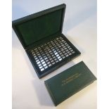 A John Pinches 100 Greatest car silver miniature ingot collection, in pressed green case, 27cm wide,