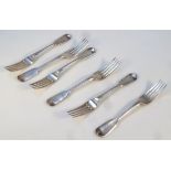 A set of six Victorian silver table forks, by William Eaton, fiddle pattern, London 1842, 17cm high,