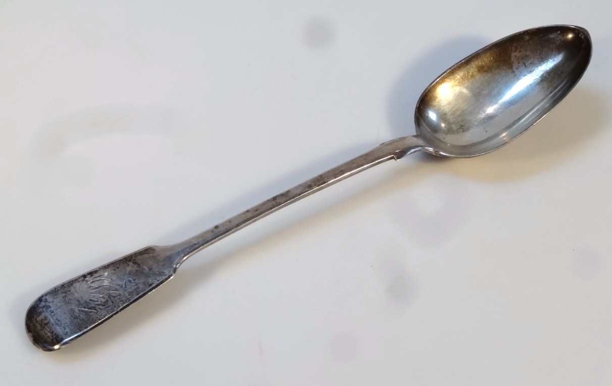 A Victorian silver basting spoon, by George Adams, fiddle pattern, London 1869, 30cm high, 2½oz.