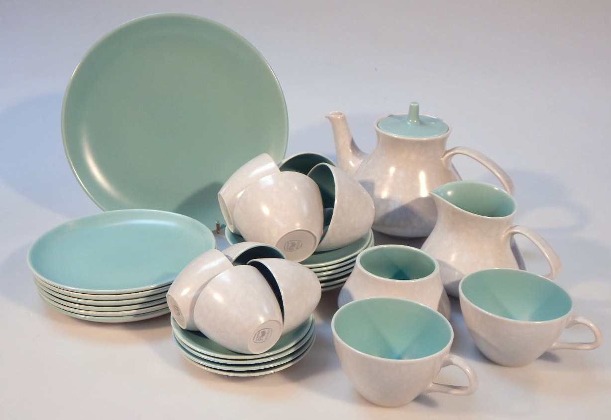 A mid-20thC Poole part service, in turquoise and duck egg, to include serving lidded teapot, 18cm
