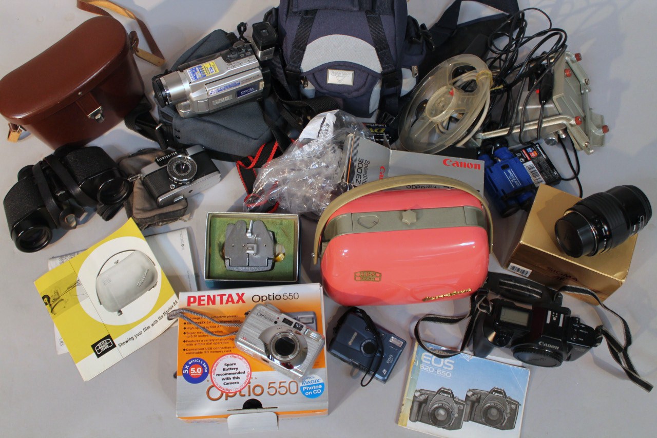 Various cameras and equipment, to include Antler canvas case, camcorder, various other electrical