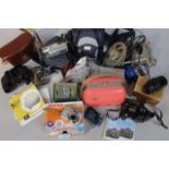 Various cameras and equipment, to include Antler canvas case, camcorder, various other electrical