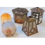 Various glass lantern shades, to include Art Nouveau design hammered example, 19cm high, a small
