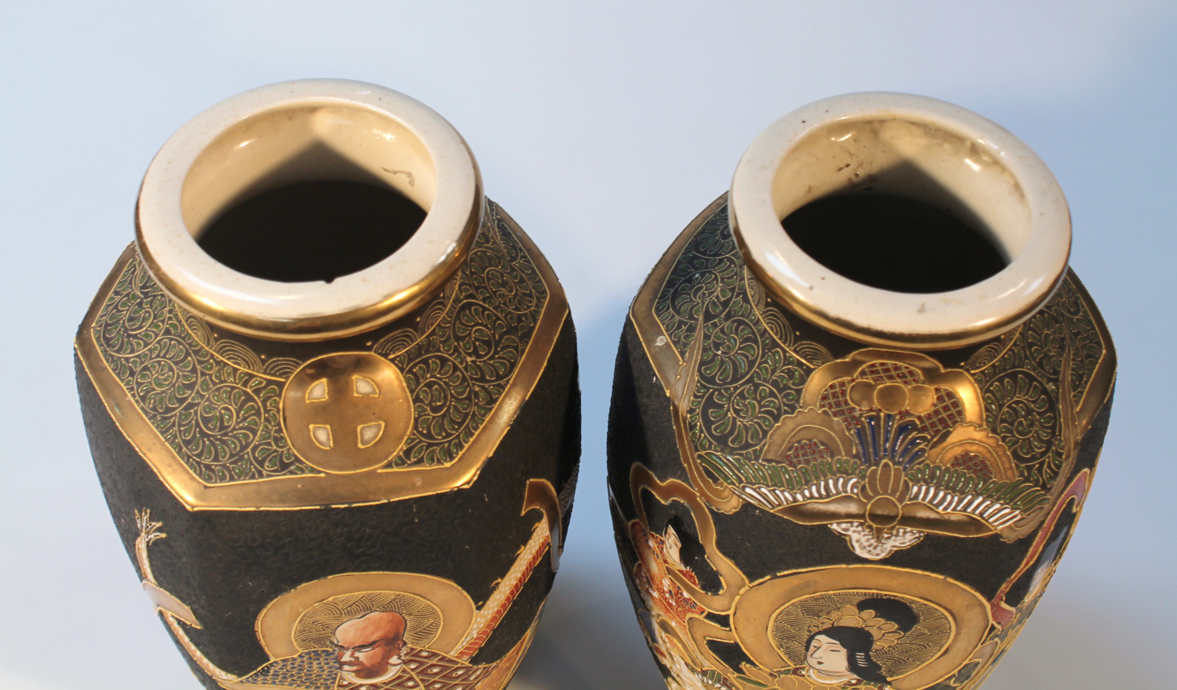 A pair of late 19thC Japanese satsuma pottery vases, each hexagonal body, hand painted and gilt - Image 2 of 3