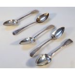 Five various Georgian silver tablespoons, fiddle pattern, etc, 23cm high, various dates and