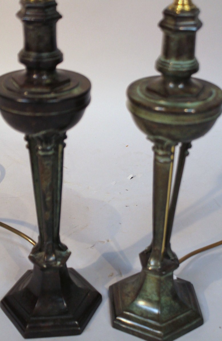 A pair of 20thC bronze finish metal table lamps, each with shaped circular stems on hexagonal feet - Image 2 of 2