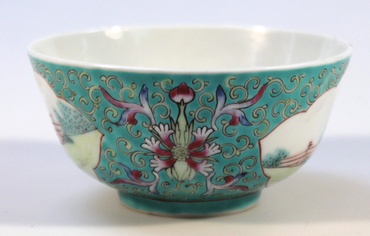 A 20thC Jiangxi Jingdezhen Chu Pin famille vert bowl, the circular body decorated with panels of - Image 2 of 7