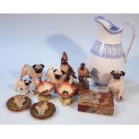 Various pottery and effects, to include Beswick pug dog, Cutpoll Cupie printed marks beneath, 13cm