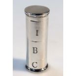 A 19thC pillbox, the cylindrical body opening in three places, initialled IBC with screw top on a