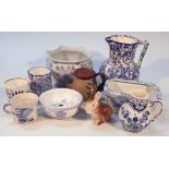 Various 19thC and later pottery and wares, to include a blue and white sponge ware jug, 19cm high,