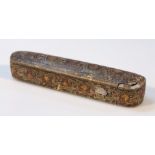 A 19thC papier mache box, the cylindrical body with an articulated pull out end revealing a plain