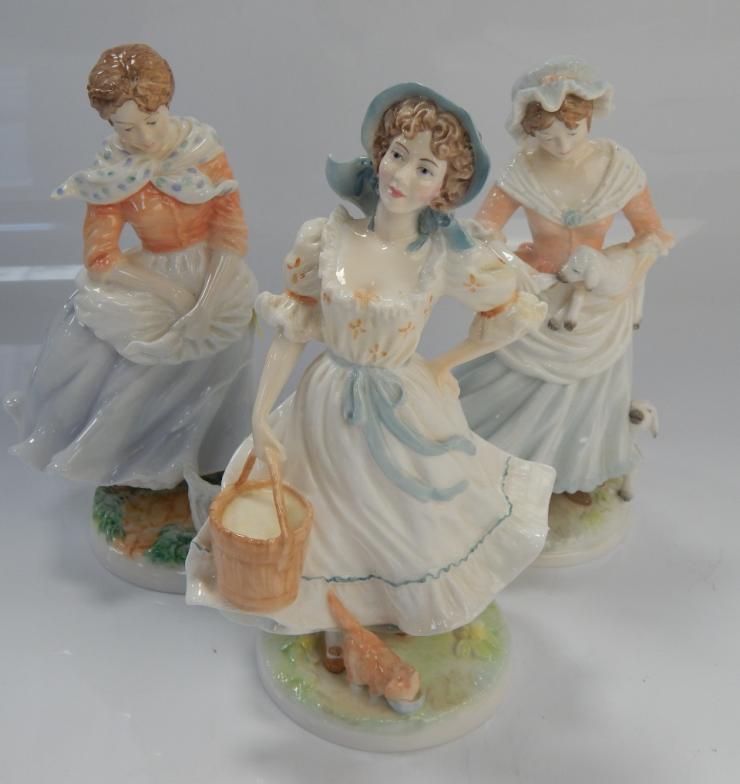 Three Royal Worcester Old Country Ways figures, comprising Farmer's wife, The Shepherdess and The
