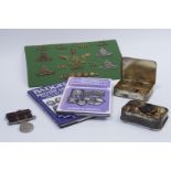 Militaria, comprising badges including RAF HAC, belt clasp, tunic buttons, miniature compass,