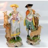 Two Dresden figures, of 18thC style man and woman with sheep upon countryside plinth, both 21cm