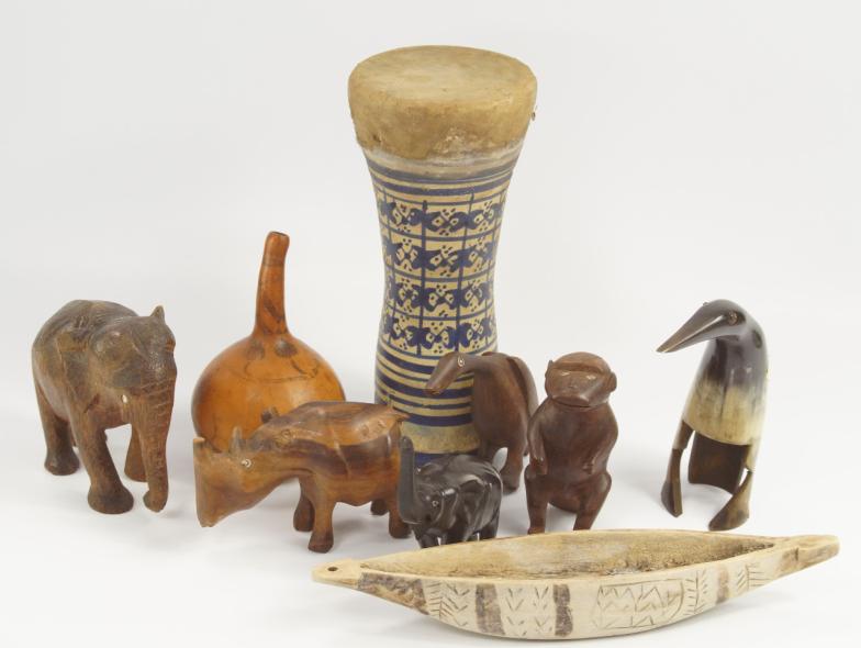 Carved hardwood and horn souvenir African animals, and others and a wooden cudgel, gourd pod and a