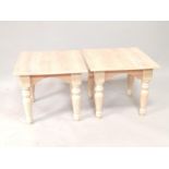 Twin washed beech side tables, upon turned column legs, 60cm sq.