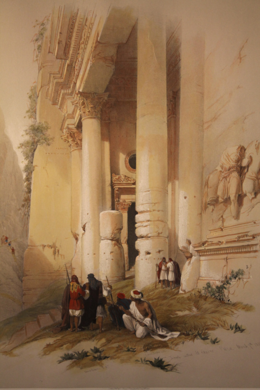 After David Roberts. Temple Petra, Louis Haghe coloured lithograph dated 1839, 52cm x 32cm.