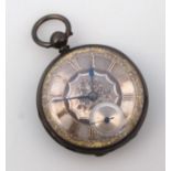 A Victorian silver open face pocket watch, the 4cm dia. dial stencilled in gilt with Roman