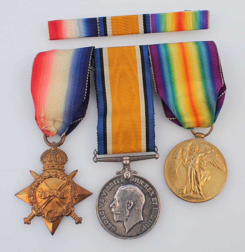 A WWI medal trio, comprising 1914-1915 Star, Campaign medal and Victory medal, awarded to 10477 PTE.