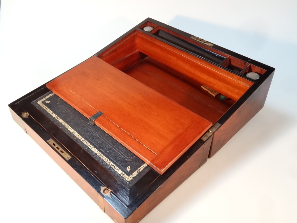 A 19thC brass bound writing slope, the rectangular lid hinging to reveal a part blue leather section - Image 2 of 3