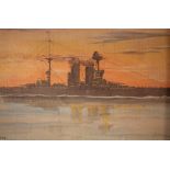 J R Durrrant (20thC). HMS Warspite, oil on cardboard, signed and titled, 27cm x 44.5cm.