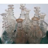 Various 19thC and later cut glass decanters, to include a mallet shaped example, with mushroom