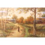 C Adams (19thC English School). Figure on a tree lined path, oil on paper, signed, 21cm x 39.5cm.