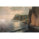 L Salvia. A coastal scene with high cliffs and sailing boats in the distance, oil on canvas, signed,