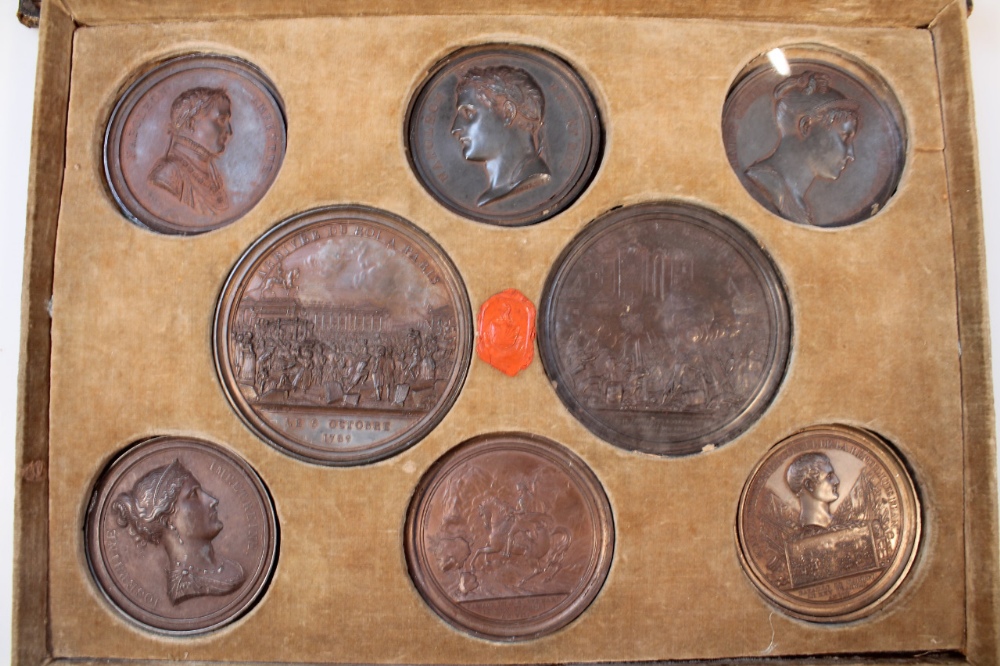 A cased set of 19thC French bronzed Napoleon related medallions, after designs by Andrieu, of - Image 3 of 4