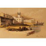 After David Roberts. Scene on the Quay of Suez & Conference of Arabs, Day & Sons prints, coloured