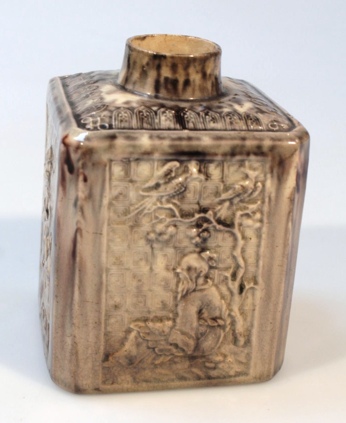 An 18thC Staffordshire Whieldon type tortoiseshell pottery tea caddy, the square body with a moulded - Image 2 of 4