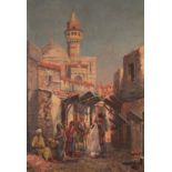 G Rovello (active late 19thC). A Middle Eastern marketplace figures before buildings with clear sky,