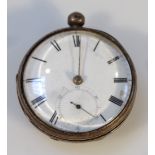 A 19thC silver open face pocket watch, the 4cm dia. dial with Roman numerals and subsidiary Arabic