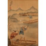 20thC Chinese School. Figures on boats and figures, scholars playing games before trees and