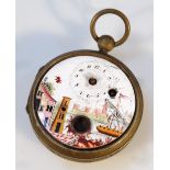 A 19thC enamel pocket watch, the 5cm dia. dial with Arabic numerals set with a scene of a tower