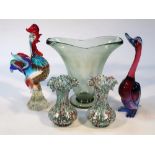 Various Murano and other studio glass, to include a cockerel in coloured glass on a shaped plain